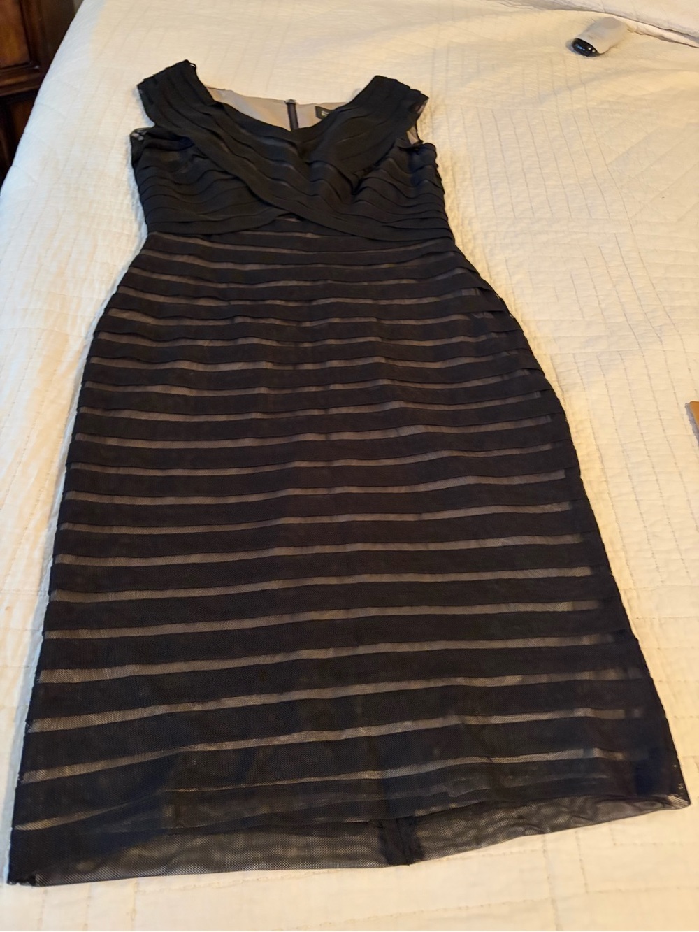 Adrianna Papell Black Sheath Dress with Sheer Horizontal Stripes